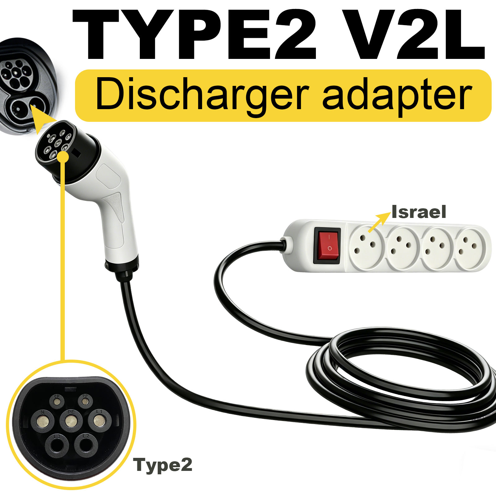 Outdoor Power Station - Type2 V2L-ontladingsadapter Israëlische stekker EV naar